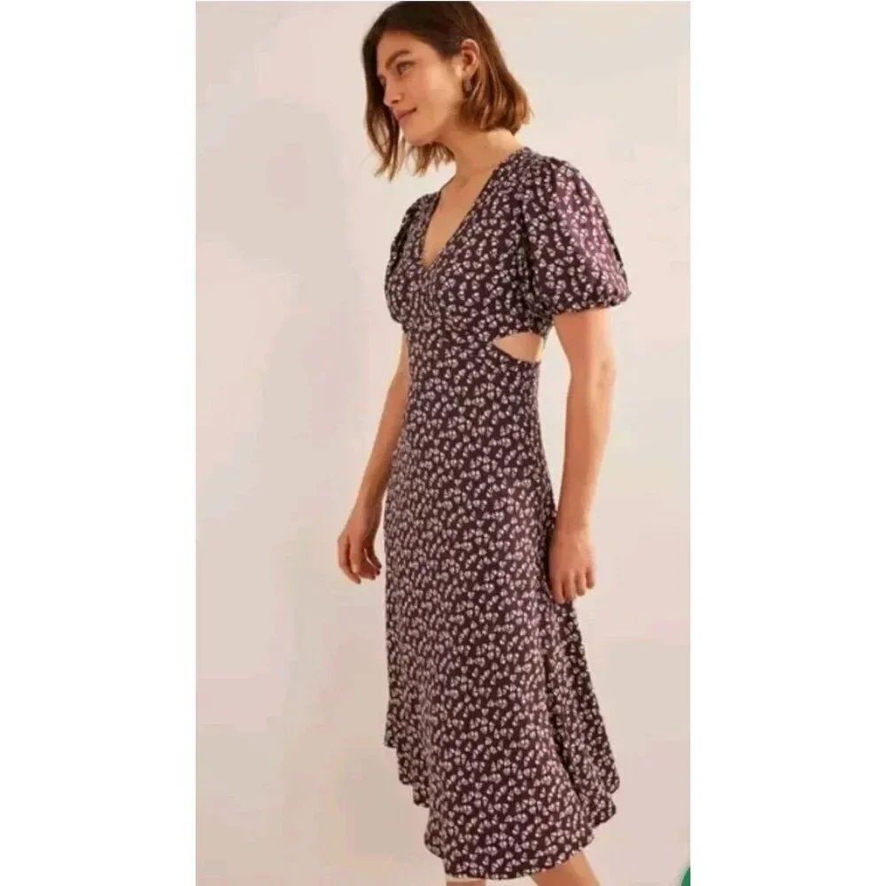Boden Womens Midi Dress UK 14R US 10R Fit & Flare Brown Floral Cut out D0600 NWT